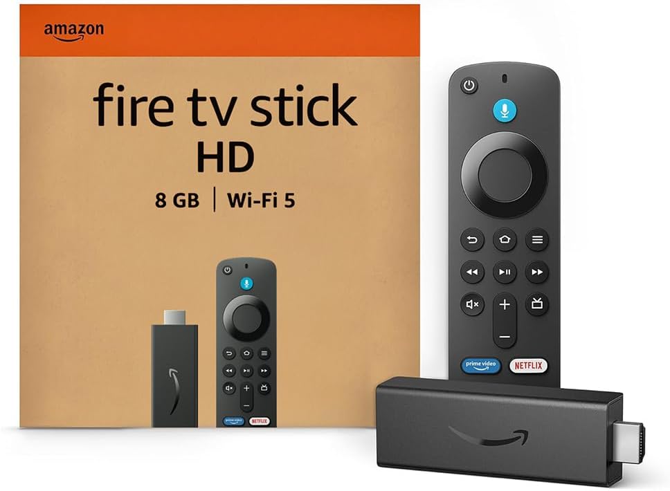 Mando a distancia con controles de voz, dispositivo Fire TV Stick HD y su caja original